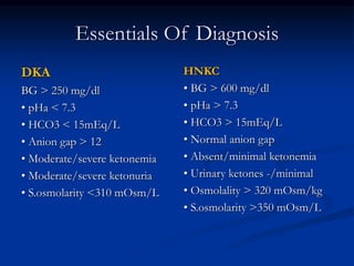 Essentials Of Diagnosis
DKA
BG > 250 mg/dl
• pHa < 7.3
• HCO3 < 15mEq/L
• Anion gap > 12
• Moderate/severe ketonemia
• Moderate/severe ketonuria
• S.osmolarity <310 mOsm/L
HNKC
• BG > 600 mg/dl
• pHa > 7.3
• HCO3 > 15mEq/L
• Normal anion gap
• Absent/minimal ketonemia
• Urinary ketones -/minimal
• Osmolality > 320 mOsm/kg
• S.osmolarity >350 mOsm/L
 