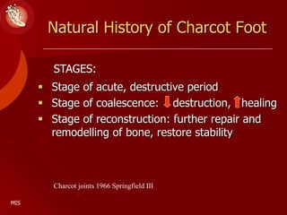 Natural History of Charcot Foot
 Stage of acute, destructive period
 Stage of coalescence: destruction, healing
 Stage of reconstruction: further repair and
remodelling of bone, restore stability
Charcot joints 1966 Springfield III
STAGES:
MIS
 