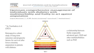 ” by Vuorlaakso et al.
(2023)
Retrospective cohort
study of long-term
outcomes and prognostic
factors for survival after
lower extremity
amputation in patients
with diabetes.
a relationship between
frailty (especially
advanced age), CKD and
other multimorbidities
such as PAD
 