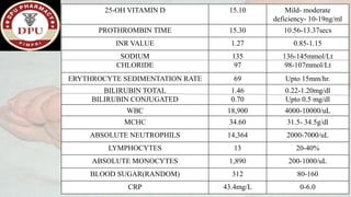 25-OH VITAMIN D 15.10 Mild- moderate
deficiency- 10-19ng/ml
PROTHROMBIN TIME 15.30 10.56-13.37secs
INR VALUE 1.27 0.85-1.15
SODIUM
CHLORIDE
135
97
136-145mmol/Lt
98-107mmol/Lt
ERYTHROCYTE SEDIMENTATION RATE 69 Upto 15mm/hr.
BILIRUBIN TOTAL
BILIRUBIN CONJUGATED
1.46
0.70
0.22-1.20mg/dl
Upto 0.5 mg/dl
WBC 18,900 4000-10000/uL
MCHC 34.60 31.5- 34.5g/dl
ABSOLUTE NEUTROPHILS 14,364 2000-7000/uL
LYMPHOCYTES 13 20-40%
ABSOLUTE MONOCYTES 1,890 200-1000/uL
BLOOD SUGAR(RANDOM) 312 80-160
CRP 43.4mg/L 0-6.0
 