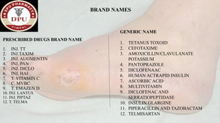 BRAND NAMES
PRESCRIBED DRUGS BRAND NAME
1. INJ. TT
2. INJ.TAXIM
3. INJ. AUGMENTIN
4. INJ. PAN
5. INJ. DICLO
6. INJ. HAI
7. T. VITAMIN C
8. C. MVBC
9. T. EMAZEN D
10. INJ. LANTUS
11. INJ. PIPTAZ
12. T. TELMA
GENERIC NAME
1. TETANUS TOXOID
2. CEFOTAXIME
3. AMOXICILLIN/CLAVULANATE
POTASSIUM
4. PANTOPRAZOLE
5. DICLOFENAAC
6. HUMAN ACTRAPID INSULIN
7. ASCORBIC ACID
8. MULTIVITAMIN
9. DICLOFENAC AND
SERRATIOPEPTIDASE
10. INSULIN GLARGINE
11. PIPERACILLIN AND TAZOBACTAM
12. TELMISARTAN
 