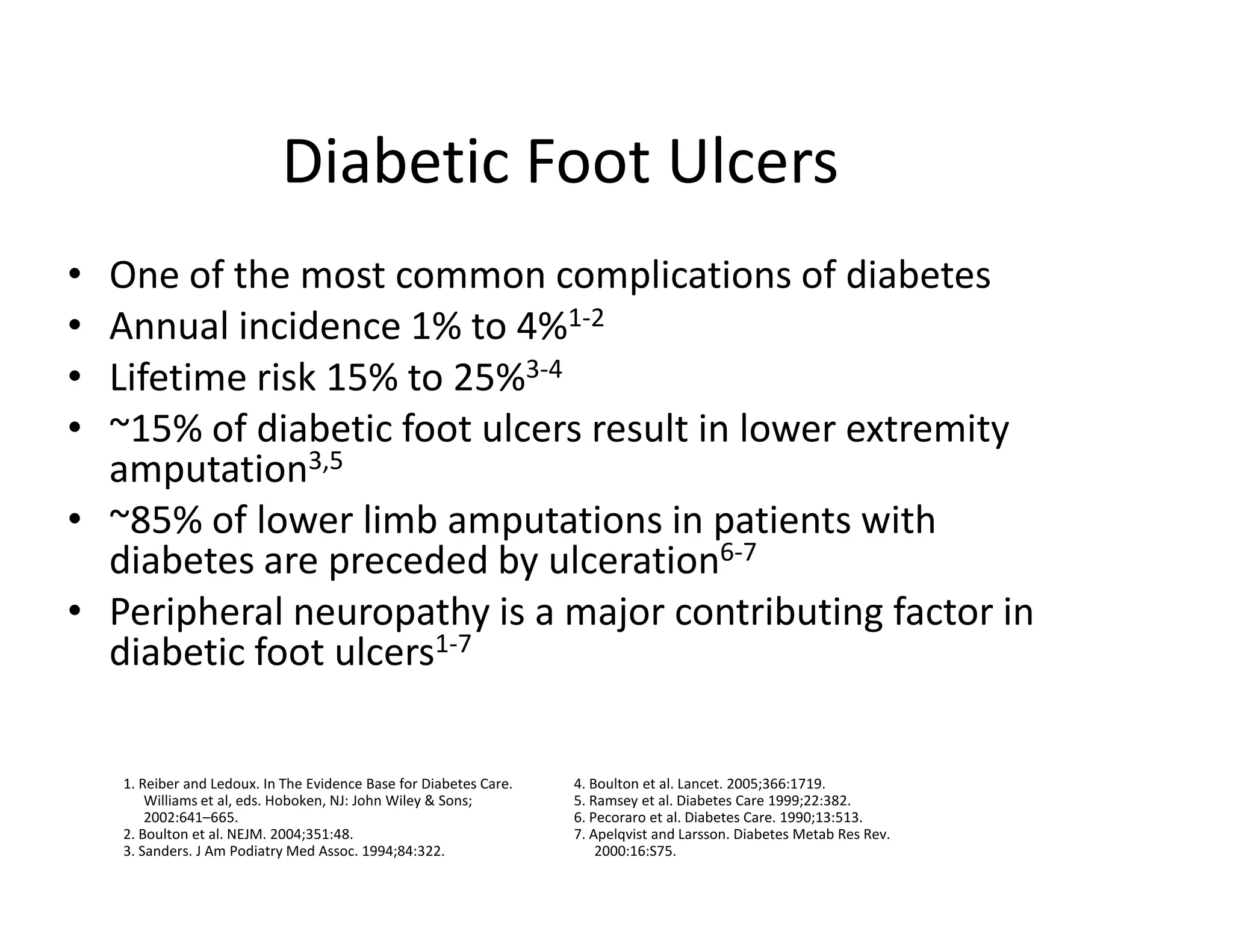 Diabetic Foot Ulcers
• One of the most common complications of diabetes
• Annual incidence 1% to 4%1-2
• Lifetime risk 15% to 25%3-4
• ~15% of diabetic foot ulcers result in lower extremity
  amputation3,5
• ~85% of lower limb amputations in patients with
  diabetes are preceded by ulceration6-7
• Peripheral neuropathy is a major contributing factor in
  diabetic foot ulcers1-7

    1. Reiber and Ledoux. In The Evidence Base for Diabetes Care.   4. Boulton et al. Lancet. 2005;366:1719.
        Williams et al, eds. Hoboken, NJ: John Wiley & Sons;        5. Ramsey et al. Diabetes Care 1999;22:382.
        2002:641–665.                                               6. Pecoraro et al. Diabetes Care. 1990;13:513.
    2. Boulton et al. NEJM. 2004;351:48.                            7. Apelqvist and Larsson. Diabetes Metab Res Rev.
    3. Sanders. J Am Podiatry Med Assoc. 1994;84:322.                   2000:16:S75.
 