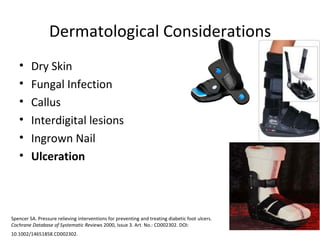 Dermatological Considerations Dry Skin Fungal Infection Callus Interdigital lesions Ingrown Nail Ulceration Spencer SA. Pressure relieving interventions for preventing and treating diabetic foot ulcers.  Cochrane Database of Systematic Reviews  2000, Issue 3. Art. No.: CD002302. DOI: 10.1002/14651858.CD002302.   
