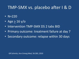 TMP-SMX vs. placebo after I & D 
• N=220 
• Age > 16 y/o 
• Intervention TMP-SMX DS 2 tabs BID 
• Primary outcome: treatment failure at day 7 
• Secondary outcome: relapse within 30 days 
GR Schmitz; Ann Emerg Med, 56:283, 2010 
 
