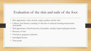 Evaluation of the skin and nails of the foot
• Skin appearance: color, texture, turgor, quality, and dry skin
• Calluses, heel fissures, cracking of skin due to reduced sweating inautonomic
neuropathy
• Nail appearance: Onychomycosis, dystrophic, atrophy, hypertrophy,paronychia
• Presence of hair
• Ulceration, gangrene, infection
• Interdigital lesions
• Tinea pedis
 