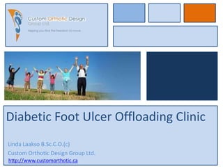 Diabetic Foot Ulcer Offloading Clinic
Linda Laakso B.Sc.C.O.(c)
Custom Orthotic Design Group Ltd.
http://www.customorthotic.ca
 