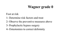 Wagner grade 0
Foot at risk
1- Determine risk factors and treat
2- Observe the preventive measures above
3- Prophylactic bypass surgery
4- Osteotomies to correct deformity
 