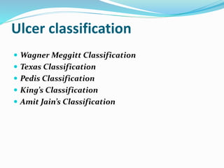 Ulcer classification
 Wagner Meggitt Classification
 Texas Classification
 Pedis Classification
 King’s Classification
 Amit Jain’s Classification
 
