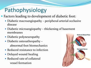 Pathophysiology
 Factors leading to development of diabetic foot:
 Diabetic macroangiopathy – peripheral arterial occlusive
disease
 Diabetic microangiopathy – thickening of basement
membranes
 Diabetic polyneuropathy
 Diabetic osteoathropathy –
abnormal foot biomechanics
 Reduced resistance to infection
 Delayed wound healing
 Reduced rate of collateral
vessel formation
 