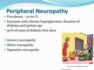 Peripheral Neuropathy
 Prevalence – 20-60 %
 Increases with chronic hyperglycemia, duration of
diabetes and patient age
 90% of cases of diabetic foot ulcer
 Sensory neuropathy
 Motor neuropathy
 Vegetative neuropathy
 