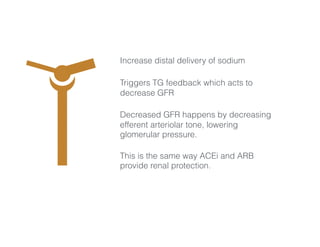 Increase distal delivery of sodium
Triggers TG feedback which acts to
decrease GFR
Decreased GFR happens by decreasing
efferent arteriolar tone, lowering
glomerular pressure.
This is the same way ACEi and ARB
provide renal protection.
 