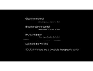 Glycemic control
RAAS inhibition
Blood pressure control
Some is good…a lot, not so clear
Some is good…a lot, not so clear
Some is good…a lot, don’t do it
Seems to be working
SGLT2 inhibitors are a possible therapeutic option
 
