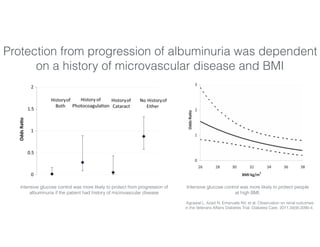 Agrawal L, Azad N, Emanuele NV, et al. Observation on renal outcomes
in the Veterans Affairs Diabetes Trial. Diabetes Care. 2011;34(9):2090-4.
Protection from progression of albuminuria was dependent
on a history of microvascular disease and BMI
intensive glucose control was more likely to protect from progression of
albuminuria if the patient had history of microvascular disease
Intensive glucose control was more likely to protect people
at high BMI.
 