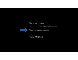 Glycemic control
RAAS inhibition
Blood pressure control
Some is good…a lot, not so clear
 