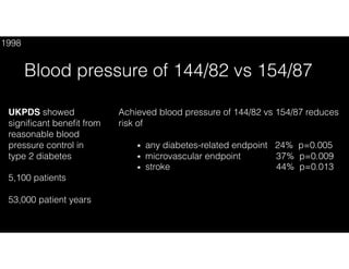 UKPDS showed
signiﬁcant beneﬁt from
reasonable blood
pressure control in
type 2 diabetes
5,100 patients
53,000 patient years
Blood pressure of 144/82 vs 154/87
1998
Achieved blood pressure of 144/82 vs 154/87 reduces
risk of
any diabetes-related endpoint 24% p=0.005
microvascular endpoint 37% p=0.009
stroke 44% p=0.013
Intensive glucose control policy HbA1c 7.0 % vs 7.9 % reduces risk of
any diabetes-related endpoints 12% p=0.030
microvascular endpoints 25% p=0.010
myocardial infarction 16% p=0.052
 