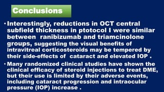 Conclusions
•Interestingly, reductions in OCT central
subfield thickness in ptotocol I were similar
between ranibizumab and triamcinolone
groups, suggesting the visual benefits of
intravitreal corticosteroids may be tempered by
their side-effects of cataract and elevated IOP .
• Many randomized clinical studies have shown the
clinical efficacy of steroid injections to treat DME,
but their use is limited by their adverse events,
including cataract progression and intraocular
pressure (IOP) increase .
 