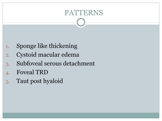 PATTERNS
1. Sponge like thickening
2. Cystoid macular edema
3. Subfoveal serous detachment
4. Foveal TRD
5. Taut post hyaloid
 