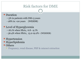 Risk factors for DME
Duration
- 3% in patients with DM<5 years
- 28% in >20 years (WESDR)
Level of Hyperglycemia
- 18.1% when HbA1C 6.8 - 9.7%
- 36.4% when HbA1C 13.2-19.2% - (WESDER)
Hypertension
Hyperlipidemia
Others
 Pregnancy, renal disease, PRP & cataract extraction
 