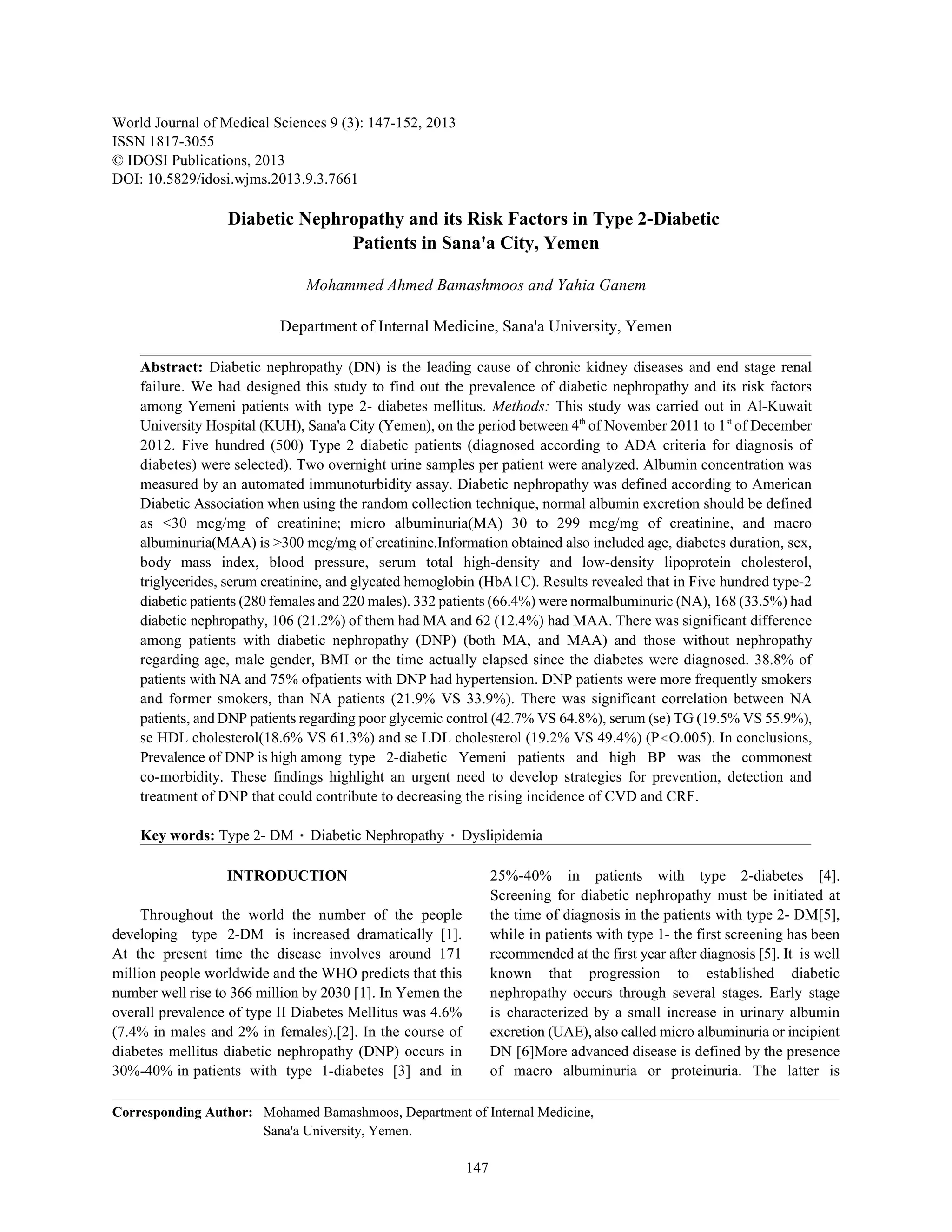 diabetic Nephropathy and its Risk Factors in Type 2-Diabetic Patients ...