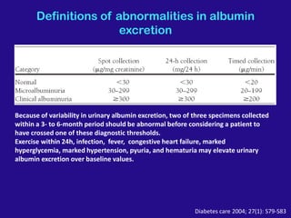 Definitions of abnormalities in albumin
excretion
Because of variability in urinary albumin excretion, two of three specimens collected
within a 3- to 6-month period should be abnormal before considering a patient to
have crossed one of these diagnostic thresholds.
Exercise within 24h, infection, fever, congestive heart failure, marked
hyperglycemia, marked hypertension, pyuria, and hematuria may elevate urinary
albumin excretion over baseline values.
Diabetes care 2004; 27(1): S79-S83
 