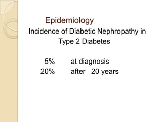 Epidemiology
Incidence of Diabetic Nephropathy in
Type 2 Diabetes
5% at diagnosis
20% after 20 years
 