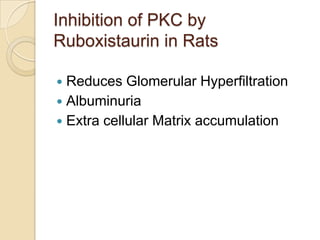 Inhibition of PKC by
Ruboxistaurin in Rats
 Reduces Glomerular Hyperfiltration
 Albuminuria
 Extra cellular Matrix accumulation
 