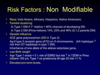Risk Factors : Non Modifiable
• Race: Indo-Asians, Africans, Hispanics, Native Americans.
• Familial clustering:
In Type 1 DM if 1* relative > 80% chances of developing DN.
In Type 2 DM (Pima Indians) 14%, 23% and 46% (0,1,2 parents DM)
• Genetic influence
ACE gene polymorphism (DD in Type 2)
Ag-II type 2 receptor gene (AT2) on X-chromosome. (AA haplotype
risk than GT haplotype in type 1 DM)
Inheritance of one allele of the aldose reductase gene,
• Low Birth weight
• Age Type 1 onset < 5 risk of ESRD but risk in T2DM in Pima
indians <20 yrs. Type 1 no proteinuria till age 25 risk <1 %
• Elevated pro-renin levels.
 