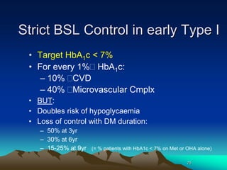 75
Strict BSL Control in early Type I
• Target HbA1c < 7%
• For every 1% HbA1c:
– 10% CVD
– 40% Microvascular Cmplx
• BUT:
• Doubles risk of hypoglycaemia
• Loss of control with DM duration:
– 50% at 3yr
– 30% at 6yr
– 15-25% at 9yr (= % patients with HbA1c < 7% on Met or OHA alone)
 