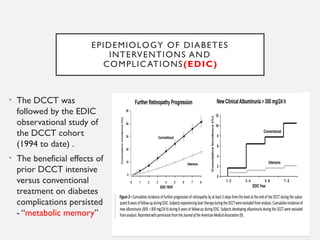 EPIDEMIOLOGY OF DIABETES
INTERVENTIONS AND
COMPLICATIONS(EDIC)
• The DCCT was
followed by the EDIC
observational study of
the DCCT cohort
(1994 to date) .
• The beneficial effects of
prior DCCT intensive
versus conventional
treatment on diabetes
complications persisted
- “metabolic memory”
 