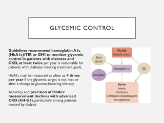 GLYCEMIC CONTROL
Guidelines recommend hemoglobin A1c
(HbA1c)/TIR or GMI to monitor glycemic
control in patients with diabetes and
CKD, at least twice per year is reasonable for
patients with diabetes meeting treatment goals.
HbA1c may be measured as often as 4 times
per year if the glycemic target is not met or
after a change in glucose-lowering therapy.
Accuracy and precision of HbA1c
measurement declines with advanced
CKD (G4-G5), particularly among patients
treated by dialysis
 