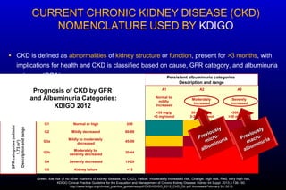 A1 A2 A3
Normal to
mildly
increased
Moderately
increased
Severely
increased
<30 mg/g
<3 mg/mmol
30-300 mg/g
3-30 mg/mmol
>300 mg/g
>30 mg/mmol
• CKD is defined as abnormalities of kidney structure or function, present for >3 months, with
implications for health and CKD is classified based on cause, GFR category, and albuminuria
category (CGA).
KDIGO Clinical Practice Guideline for the Evaluation and Management of Chronic Kidney Disease. Kidney Int Suppl. 2013;3:136-150.
http://www.kdigo.org/clinical_practice_guidelines/pdf/CKD/KDIGO_2012_CKD_GL.pdf Accessed February 26, 2013
G1 Normal or high ≥90
G2 Mildly decreased 60-89
G3a
Mildly to moderately
decreased
45-59
G3b
Moderately to
severely decreased
30-44
G4 Severely decreased 15-29
G5 Kidney failure <15
Persistent albuminuria categories
Description and range
Green: low risk (if no other markers of kidney disease, no CKD); Yellow: moderately increased risk; Orange: high risk; Red, very high risk.
Prognosis of CKD by GFR
and Albuminuria Categories:
KDIGO 2012
 
