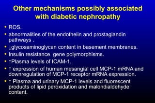 Other mechanisms possibly associated
with diabetic nephropathy
• ROS.
• abnormalities of the endothelin and prostaglandin
pathways .
• ↓glycosaminoglycan content in basement membranes.
• Insulin resistance gene polymorphisms.
• ↑Plasma levels of ICAM-1.
• ↑ expression of human mesangial cell MCP-1 mRNA and
downregulation of MCP-1 receptor mRNA expression.
• ↑ Plasma and urinary MCP-1 levels and fluorescent
products of lipid peroxidation and malondialdehyde
content.
 