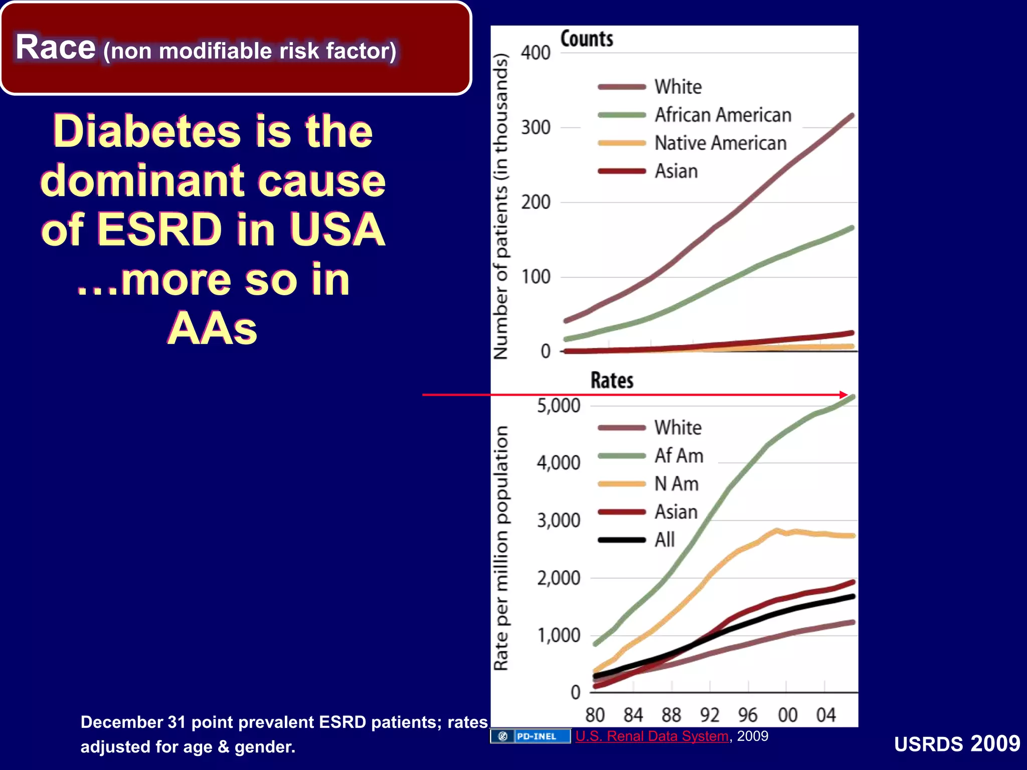 December 31 point prevalent ESRD patients; rates
adjusted for age & gender. USRDS 2009
Diabetes is the
dominant cause
of ESRD in USA
…more so in
AAs
U.S. Renal Data System, 2009
Race (non modifiable risk factor)
 
