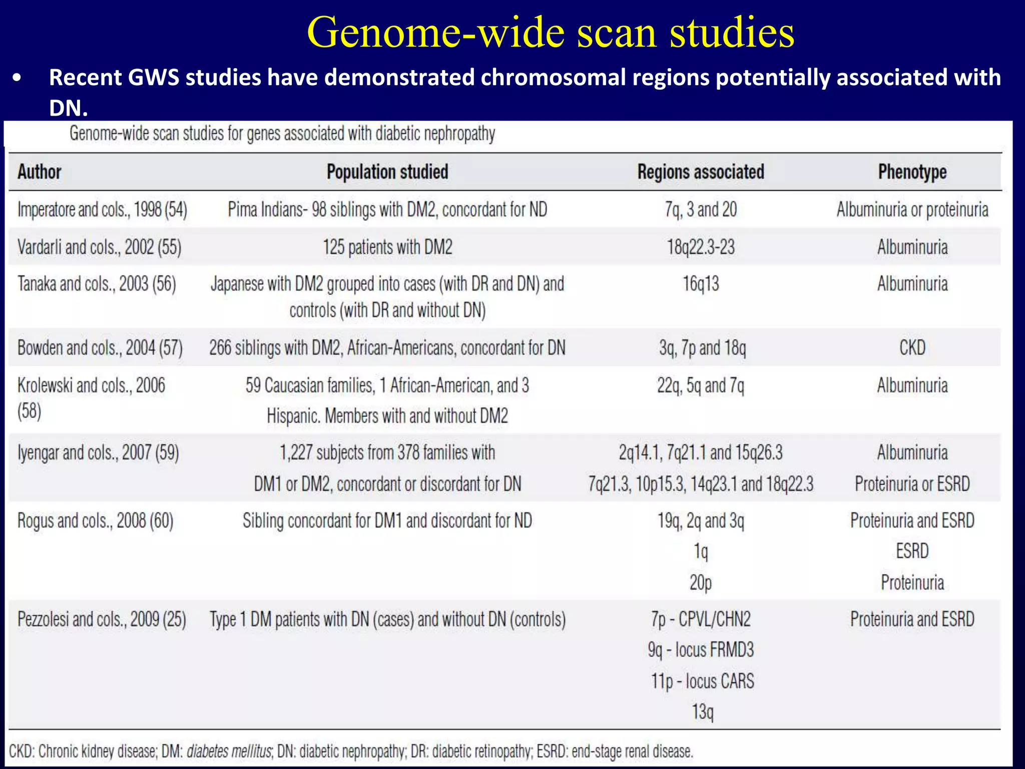 Genome-wide scan studies
• Recent GWS studies have demonstrated chromosomal regions potentially associated with
DN.
 