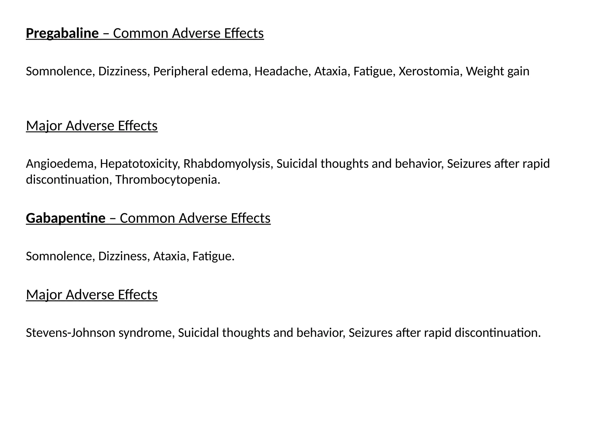 Pregabaline – Common Adverse Effects
Somnolence, Dizziness, Peripheral edema, Headache, Ataxia, Fatigue, Xerostomia, Weight gain
Major Adverse Effects
Angioedema, Hepatotoxicity, Rhabdomyolysis, Suicidal thoughts and behavior, Seizures after rapid
discontinuation, Thrombocytopenia.
Gabapentine – Common Adverse Effects
Somnolence, Dizziness, Ataxia, Fatigue.
Major Adverse Effects
Stevens-Johnson syndrome, Suicidal thoughts and behavior, Seizures after rapid discontinuation.
 
