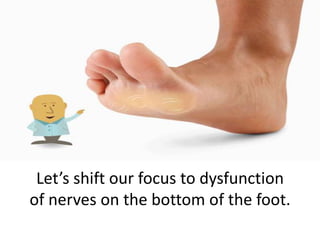Let’s shift our focus to dysfunction
of nerves on the bottom of the foot.
 