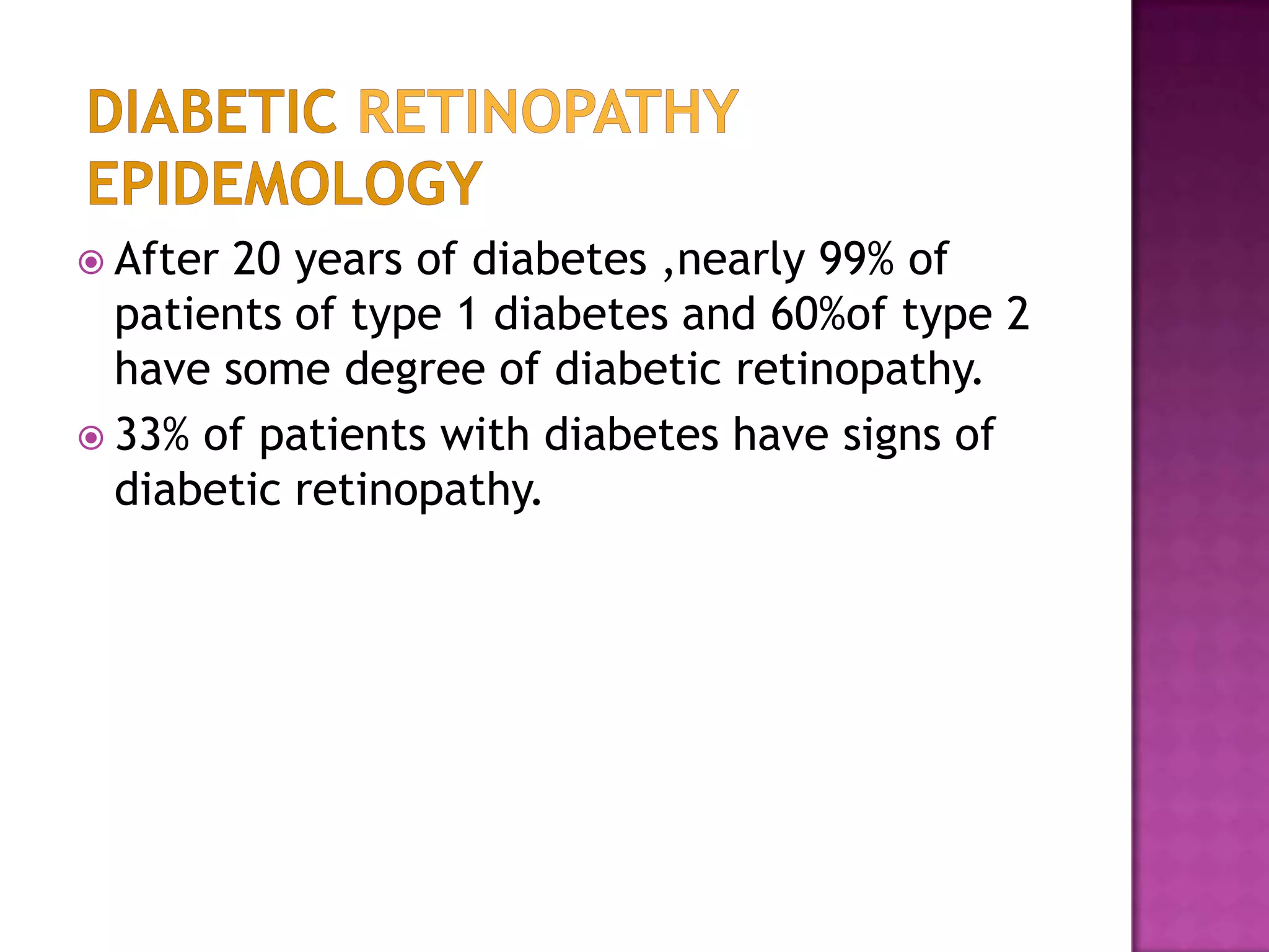  After

20 years of diabetes ,nearly 99% of
patients of type 1 diabetes and 60%of type 2
have some degree of diabetic retinopathy.
 33% of patients with diabetes have signs of
diabetic retinopathy.

 