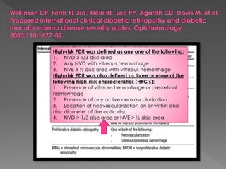 High-risk PDR was defined as any one of the following: 
1. NVD ≥ 1/3 disc area 
2. Any NVD with vitreous hemorrhage 
3. NVE ≥ ½ disc area with vitreous hemorrhage 
High-risk PDR was also defined as three or more of the 
following high-risk characteristics (HRC’s): 
1. Presence of vitreous hemorrhage or pre-retinal 
hemorrhage 
2. Presence of any active neovascularization 
3. Location of neovascularization on or within one 
disc diameter of the optic disc 
4. NVD > 1/3 disc area or NVE > ½ disc area 
 