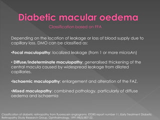 Classification based on FFA 
Depending on the location of leakage or loss of blood supply due to 
capillary loss. DMO can be classified as: 
•Focal maculopathy: localized leakage (from 1 or more microAn) 
• Diffuse/indeterminate maculopathy: generalised thickening of the 
central macula caused by widespread leakage from dilated 
capillaries. 
•Ischaemic maculopathy: enlargement and alteration of the FAZ. 
•Mixed maculopathy: combined pathology, particularly of diffuse 
oedema and ischaemia 
Classification of diabetic retinopathy from fluorescein angiograms. ETDRS report number 11. Early Treatment Diabetic 
Retinopathy Study Research Group. Ophthalmology. 1991;98(5):807-22. 
 