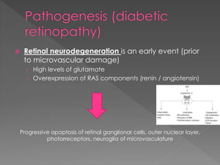  Retinal neurodegeneration is an early event (prior 
to microvascular damage) 
› High levels of glutamate 
› Overexpression of RAS components (renin / angiotensin) 
Progressive apoptosis of retinal ganglionar cells, outer nuclear layer, 
photorreceptors, neuroglia of microvasculature 
 