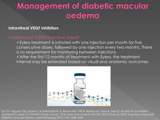 Intravitreal VEGF inhibitors 
Aflibercept (VEGF-Trap-Eye) Eylea® 
Eylea treatment is initiated with one injection per month for five 
consecutive doses, followed by one injection every two months. There 
is no requirement for monitoring between injections. 
After the first 12 months of treatment with Eylea, the treatment 
interval may be extended based on visual and anatomic outcomes. 
Do DV, Nguyen QD, Boyer D, Schmidt-Erfurth U, Brown DM, Vitti R, Berliner AJ, Gao B, Zeitz O, Ruckert R, Schmelter T, 
Sandbrink R, Heier JS; DAVINCI Study Group*. One-Year Outcomes of the DA VINCI Study of VEGF Trap-Eye in Eyes with 
Diabetic Macular Edema. Ophthalmology 2012; 119: 1658-1665 
 