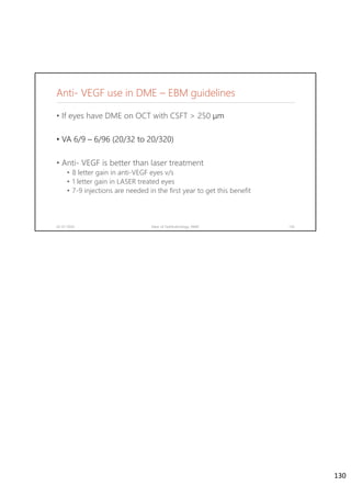 Anti- VEGF use in DME – EBM guidelines
• If eyes have DME on OCT with CSFT > 250 μm
• VA 6/9 – 6/96 (20/32 to 20/320)
• Anti- VEGF is better than laser treatment
• 8 letter gain in anti-VEGF eyes v/s
• 1 letter gain in LASER treated eyes
• 7-9 injections are needed in the first year to get this benefit
02-07-2020 Dept. of Ophthalmology, JNMC 130
130
 