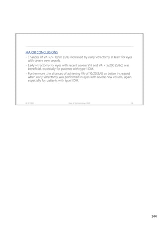 MAJOR CONCLUSIONS
- Chances of VA >/= 10/20 (3/6) increased by early vitrectomy at least for eyes
with severe new vessels.
- Early vitrectomy for eyes with recent severe VH and VA < 5/200 (5/60) was
beneficial, especially for patients with type 1 DM.
- Furthermore ,the chances of achieving VA of 10/20(3/6) or better increased
when early vitrectomy was performed in eyes with severe new vessels, again
especially for patients with type I DM.
02-07-2020 Dept. of Ophthalmology, JNMC 144
144
 