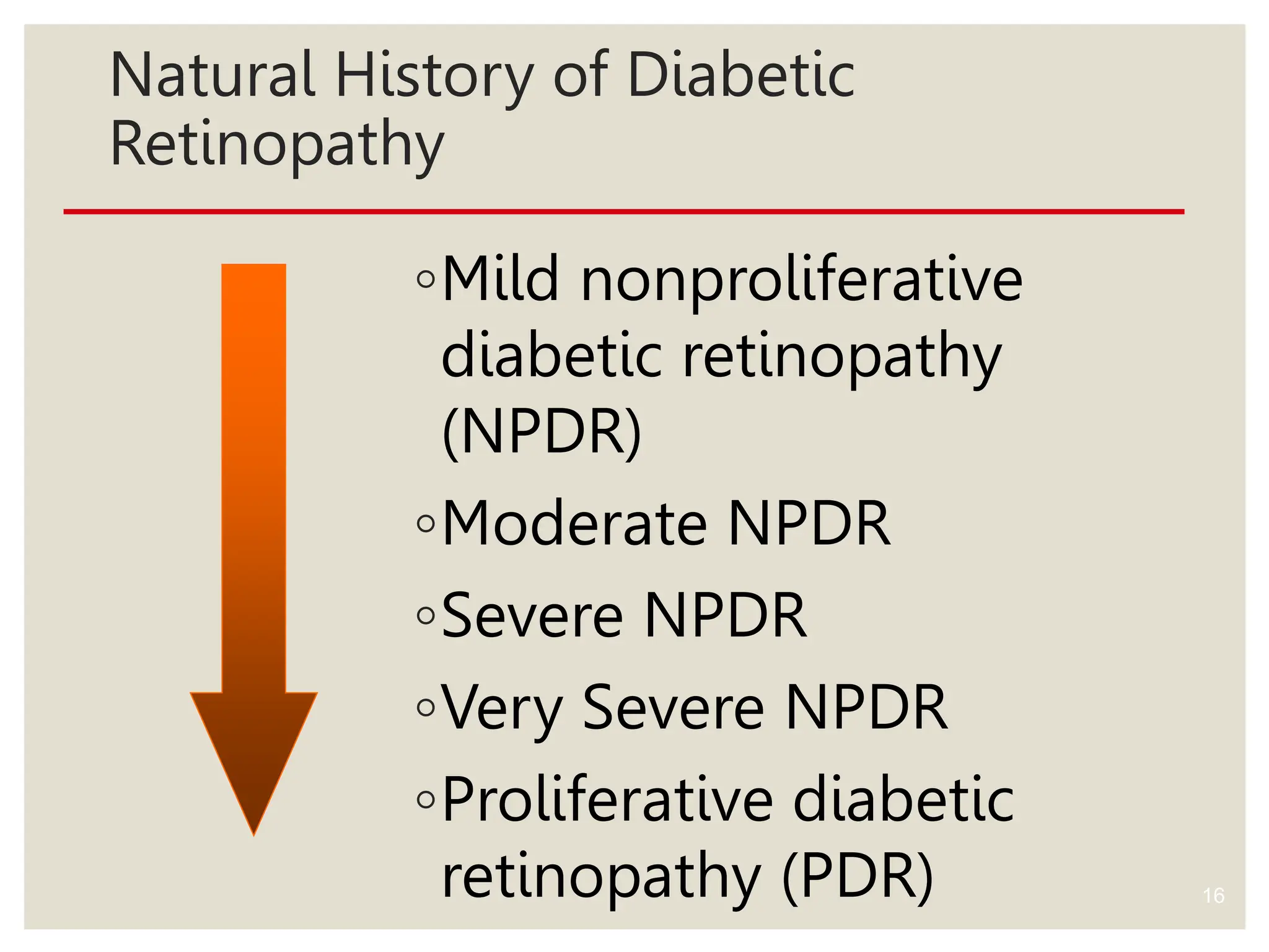 Natural History of Diabetic
Retinopathy
◦Mild nonproliferative
diabetic retinopathy
(NPDR)
◦Moderate NPDR
◦Severe NPDR
◦Very Severe NPDR
◦Proliferative diabetic
retinopathy (PDR) 16
 