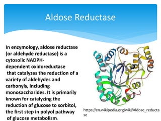 Aldose Reductase
In enzymology, aldose reductase
(or aldehyde reductase) is a
cytosolic NADPH-
dependent oxidoreductase
that catalyzes the reduction of a
variety of aldehydes and
carbonyls, including
monosaccharides. It is primarily
known for catalyzing the
reduction of glucose to sorbitol,
the first step in polyol pathway
of glucose metabolism.
https://en.wikipedia.org/wiki/Aldose_reducta
se
 