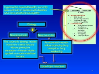 Hypertrophic osteoarthropathy currently seen primarily in patients with diabetes who have peripheral neuropathy An abnormal vascular inflow producing bony resorption, bony weakening Etiology The traumatic etiology implies fracture or stress fracture without protective sensation->inherent motion applied to a nonimmobilized fracture. Neurotraumatic Neurovascular Hypertropic response  