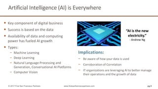 Artificial Intelligence (AI) is Everywhere
 Key component of digital business
 Success is based on the data
 Availability of data and computing
power has fueled AI growth
 Types:
− Machine Learning
− Deep Learning
− Natural Language Processing and
Generation, Conversational AI Platforms
− Computer Vision
pg 9© 2017 First San Francisco Partners www.firstsanfranciscopartners.com
“AI is the new
electricity.”
- Andrew Ng
Implications:
− Be aware of how your data is used
− Corroboration of Correlation
− IT organizations are leveraging AI to better manage
their operations and the growth of data
 