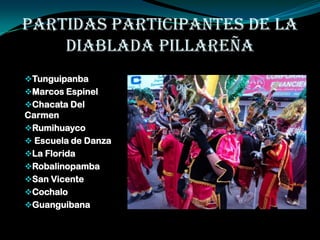 PARTIDAS PARTICIPANTES DE LA
DIABLADA PILLAREÑA
Tunguipanba
Marcos Espinel
Chacata Del
Carmen
Rumihuayco
 Escuela de Danza
La Florida
Robalinopamba
San Vicente
Cochalo
Guanguibana
 