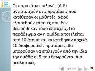 Οι παρακάτω επιλογές (Α-Ε)
αντιστοιχούν στις προτάσεις που
κατέθεσαν οι μαθητές, αφού
εξαιρεθούν κάποιες που δεν
θεωρήθηκαν τόσο επιτυχείς. Για
παράδειγμα αν η ομάδα αποτελείται
από 10 άτομα και κατατέθηκαν αρχικά
10 διαφορετικές προτάσεις, θα
μπορούσαν να επιλεγούν από την ίδια
την ομάδα οι 5 που θεωρούνται πιο
ρεαλιστικές.
 