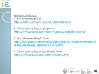 Χρήσιμοι σύνδεσμοι
1. Ένα ενδεικτικό padlet:
https://padlet.com/wine_project_53/rc2ihdg42nkd
2. Οδηγίες για τη δημιουργία padlet:
https://www.youtube.com/watch?v=JQj8yJLZn8g&pbjreload=10
3. Μια ενδεικτική Google Form:
https://docs.google.com/forms/d/e/1FAIpQLScW27wjg4SvmFH8oBt5nDB
vC3kMGNe1Ypqap8-TzRSqbQPz-g/viewform
4. Οδηγίες για τη δημιουργία Google Form:
https://www.youtube.com/watch?v=KTsT4QilR9k
 